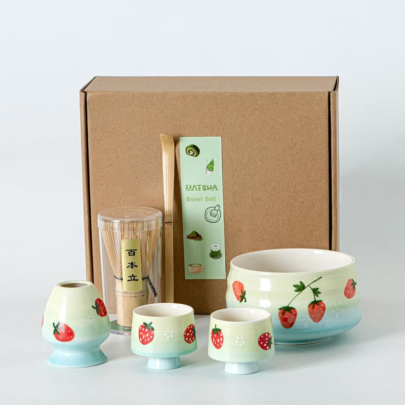 Strawberry Pattern Matcha Tea Set, 6 Counts/Set Including Matcha Scoop, Matcha Bowl, Stand, Matcha Brush, Tea Making Tools for Home Office