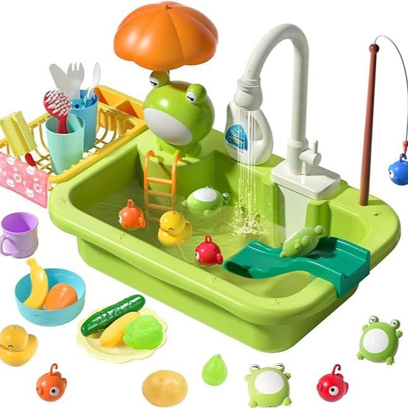 Cute Stone Sink Toys with Upgraded Electric Faucet, Pool Floating Fishing Toys for Water, Kitchen Set Toys