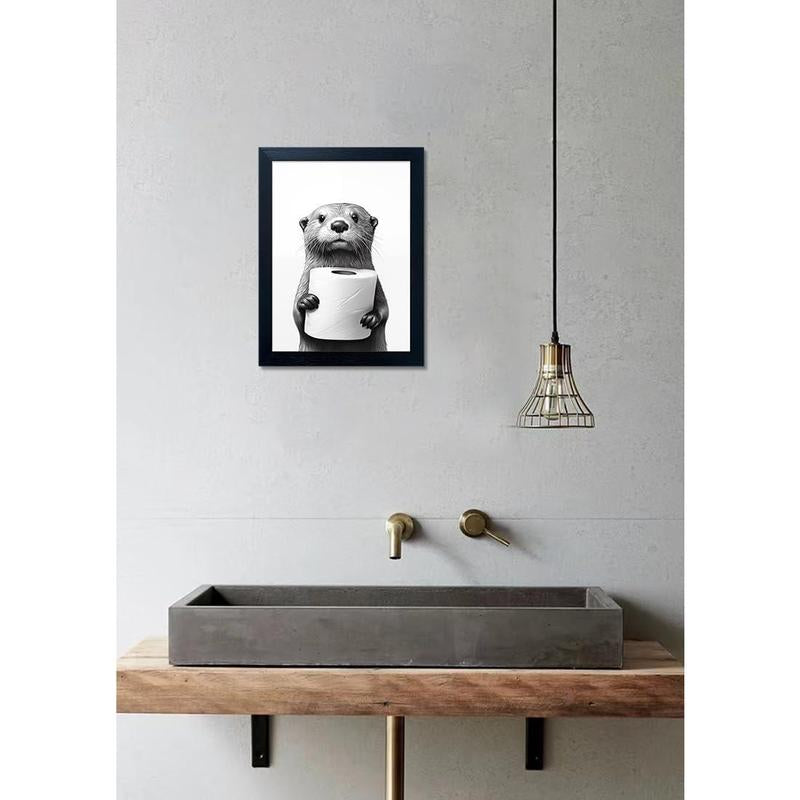 Bathroom Picture Wall Decor, Framed Black and White Bathroom Wall Art, Toilet Paper in Little Funny Raccoon'S Hand Animal Canvas Print Painting