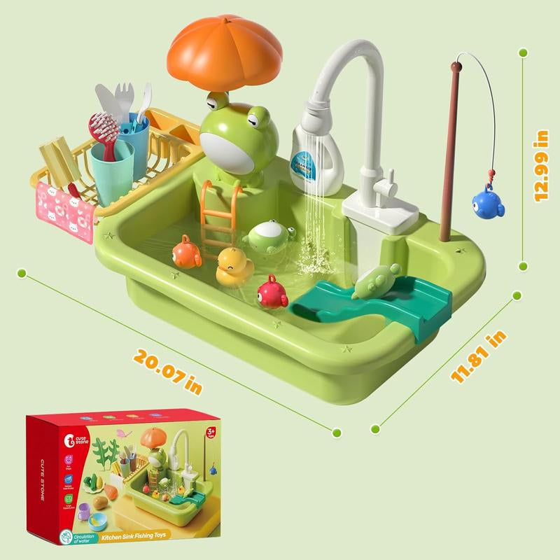 Cute Stone Sink Toys with Upgraded Electric Faucet, Pool Floating Fishing Toys for Water, Kitchen Set Toys