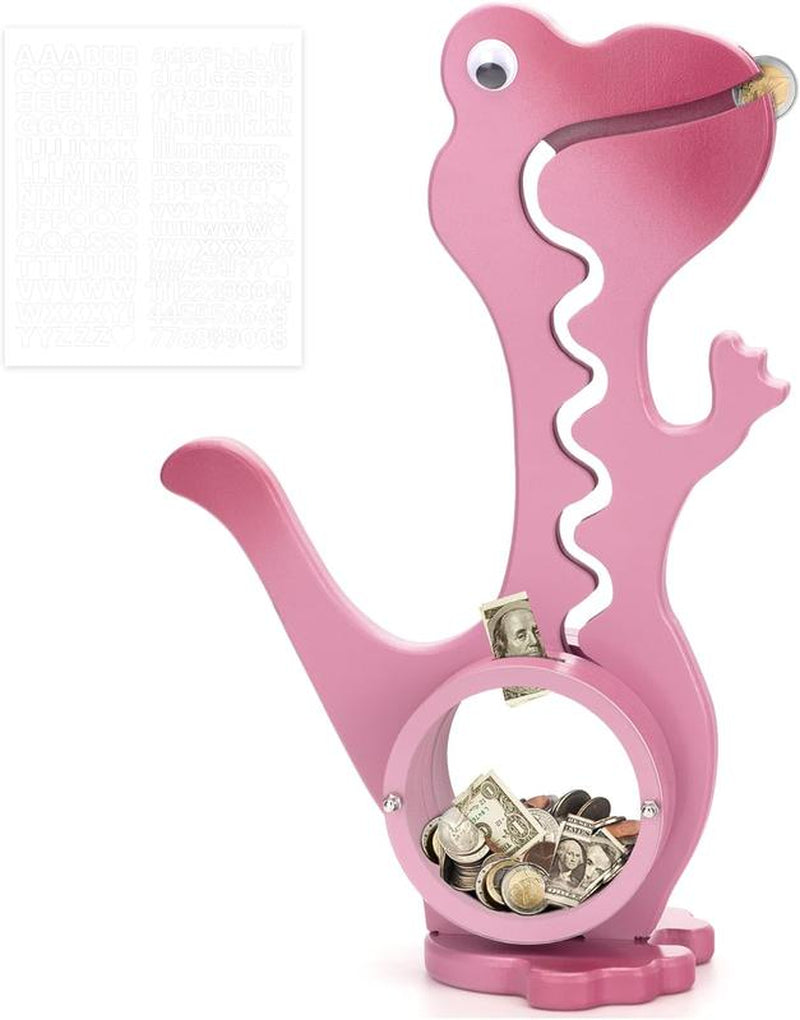 Wooden Dinosaur Piggy Bank Boalord for Boys Girls Clear Big Belly Coin Bank for Real Money Toydino-Green