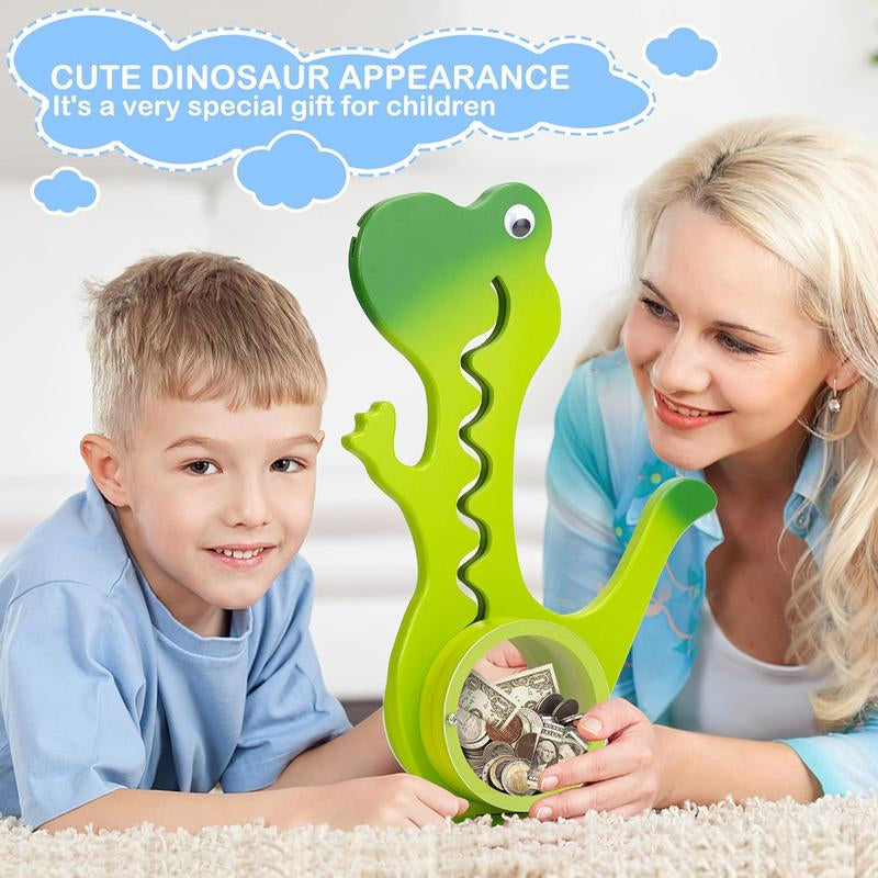 Wooden Dinosaur Piggy Bank Boalord for Boys Girls Clear Big Belly Coin Bank for Real Money Toydino-Green