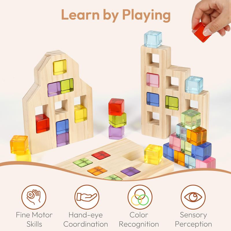 Woodtoe Wooden Building Blocks Set for Kids, 36 PCS Rainbow Acrylic Gem Cubes Blocks - 3 Wood House, Montessori Stacking Toy for Toddlers, Educational STEM Toys Birthday for Boys Girls 3-6