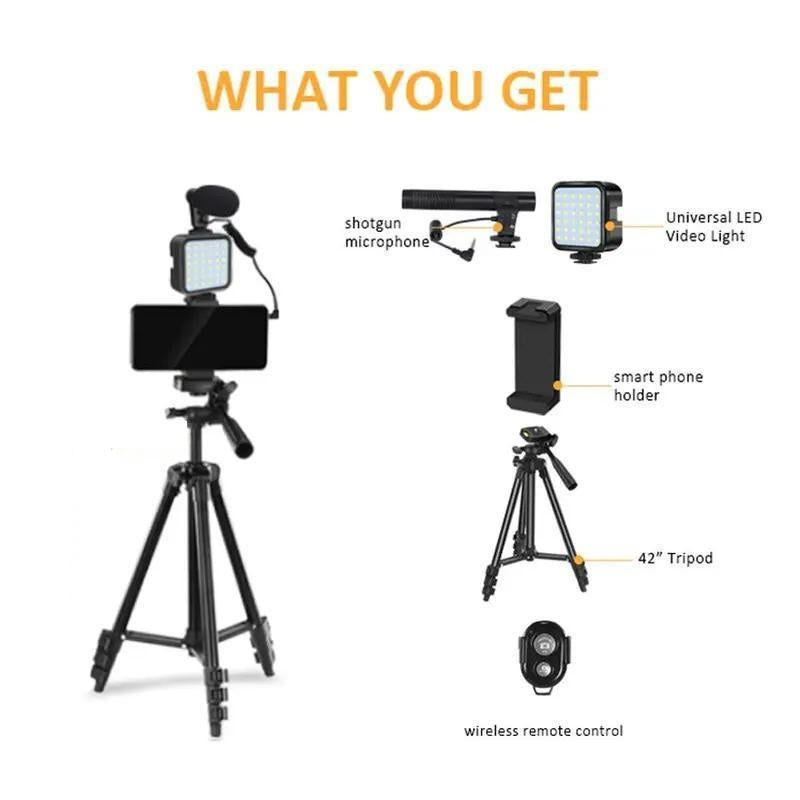 Professional Vlogging Kit for iPhone and Smartphones with LED Lights, Tripod Selfie Stick, Phone Clip, and Microphone