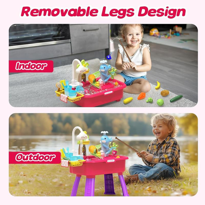 Halloween Fall Gifts Kitchen Play Sink Toys - 4-In-1 Electric Dishwasher Toy with Running Water for Kids - Animal, Food, Tableware Accessories, Color Changing 3 Years +