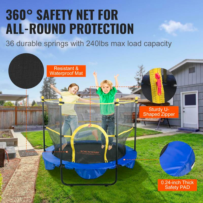 VEVOR 5FT Trampoline for Kids, 60" Indoor Outdoor Trampoline with Safety Enclosure Net, Basketball Hoop and Ocean Balls, Mini Toddler Recreational Trampoline Birthday Gifts for 3+ Years Kids