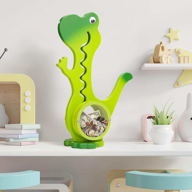 Wooden Dinosaur Piggy Bank Boalord for Boys Girls Clear Big Belly Coin Bank for Real Money Toydino-Green