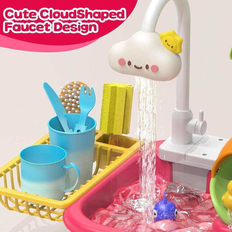 Halloween Fall Gifts Kitchen Play Sink Toys - 4-In-1 Electric Dishwasher Toy with Running Water for Kids - Animal, Food, Tableware Accessories, Color Changing 3 Years +