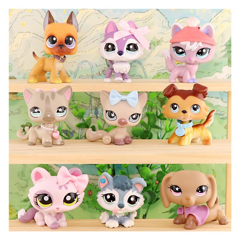 9 PC Miniature Cat Pack Dog Collie Great Dane Dachshund Cocker Spaniel Mini Pet Toys Sets Animal Figures Collection Compitable with LPS Collection