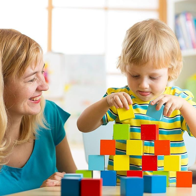 Pidoko Kids Wooden Blocks - 100 Pcs with Shape Sorter Lid Storage Container