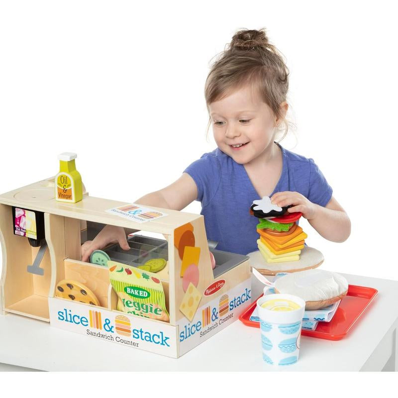 Melissa & Doug Wooden Slice & Stack Sandwich Counter with Deli Slicer – 56-Piece Pretend Play Food Pieces