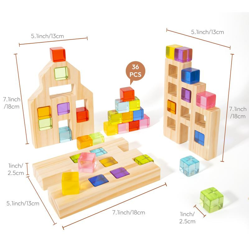 Woodtoe Wooden Building Blocks Set for Kids, 36 PCS Rainbow Acrylic Gem Cubes Blocks - 3 Wood House, Montessori Stacking Toy for Toddlers, Educational STEM Toys Birthday for Boys Girls 3-6