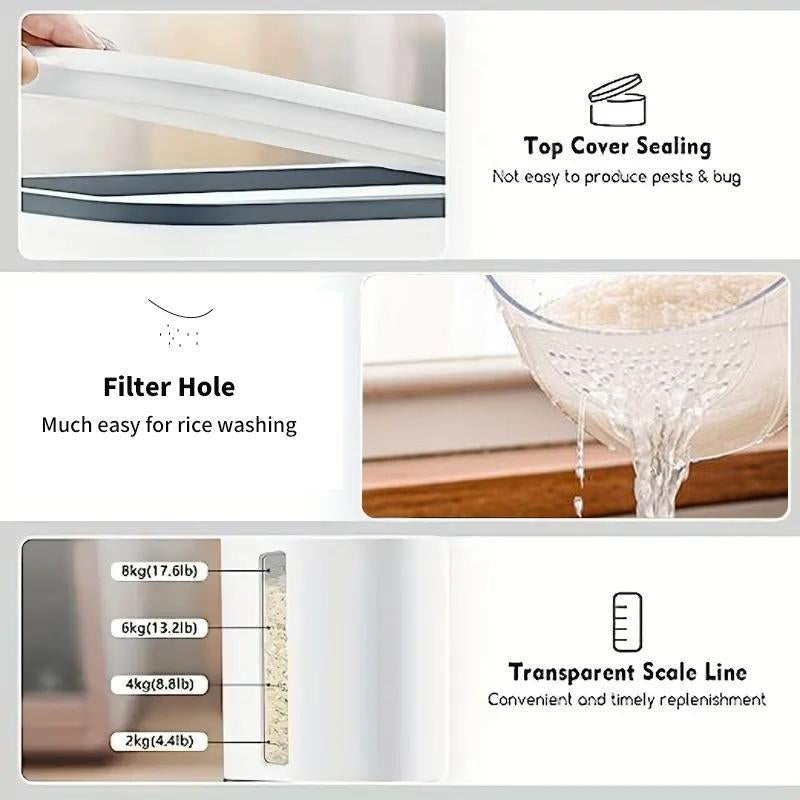 Large Capacity Rice Bucket, 1 Count Clear Scale Line Design Rice Storage Container, Food Storage Box with Measuring Cup for Home Use, Kitchen Accessories, 2024 Kitchen Gadgets, Dorm Essentials