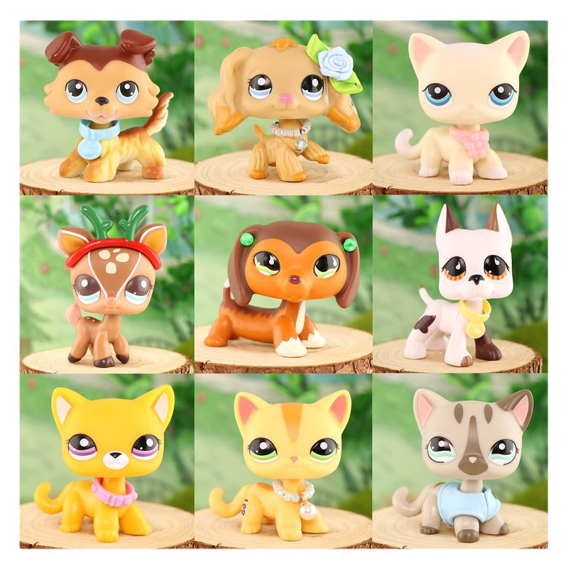 9 PC Miniature Cat Pack Dog Collie Great Dane Dachshund Cocker Spaniel Mini Pet Toys Sets Animal Figures Collection Compitable with LPS Collection