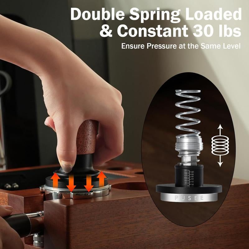 PUSEE 58Mm Espresso Tamper, Calibrated Tamper with 30Lbs Double Spring Loaded Tamper Walnut Wood Coffee Tamper for Barista Home,Stainless Steel Base Tamper Espresso Tool Fits 58 Portafilters