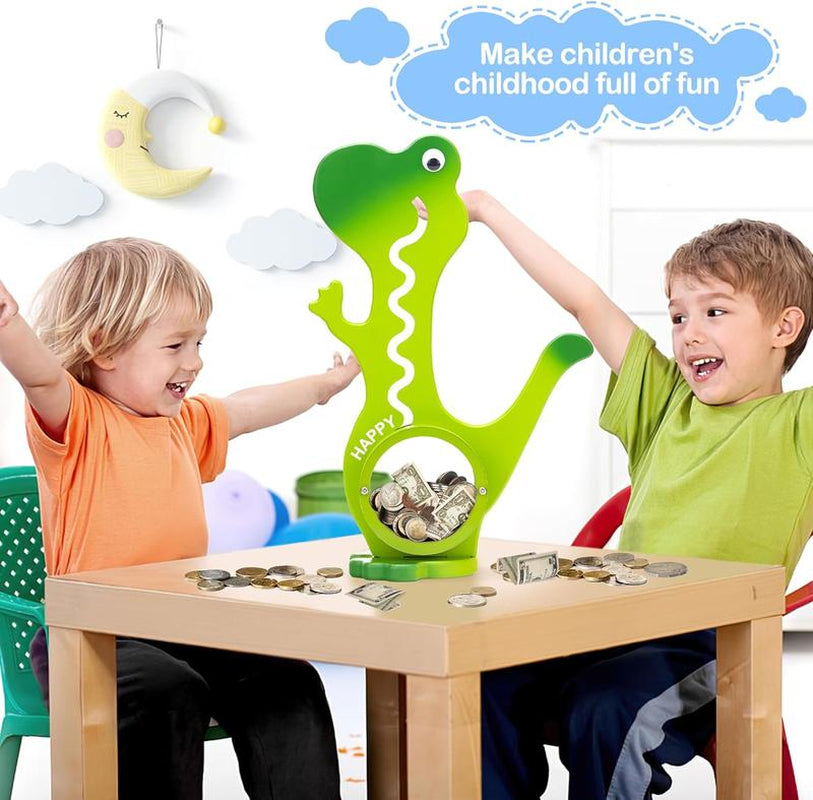 Wooden Dinosaur Piggy Bank Boalord for Boys Girls Clear Big Belly Coin Bank for Real Money Toydino-Green