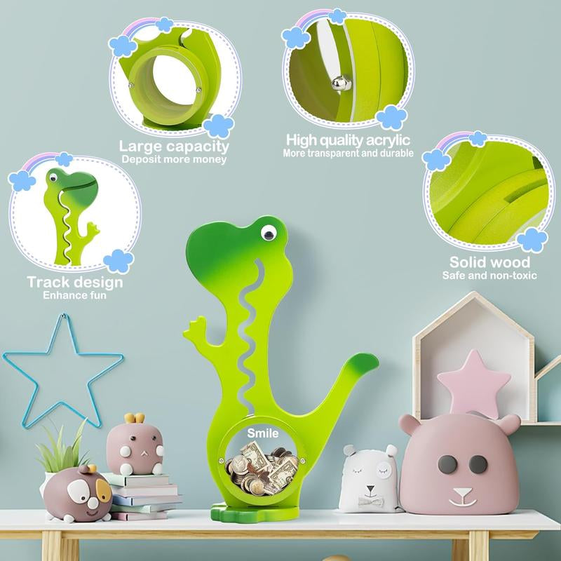 Wooden Dinosaur Piggy Bank Boalord for Boys Girls Clear Big Belly Coin Bank for Real Money Toydino-Green