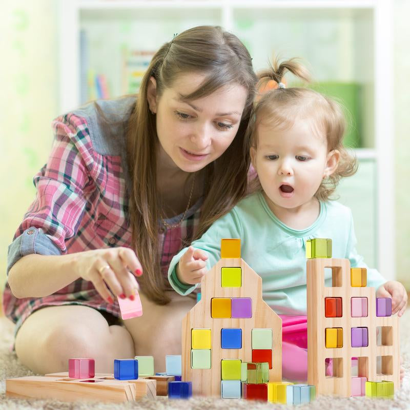 Woodtoe Wooden Building Blocks Set for Kids, 36 PCS Rainbow Acrylic Gem Cubes Blocks - 3 Wood House, Montessori Stacking Toy for Toddlers, Educational STEM Toys Birthday for Boys Girls 3-6